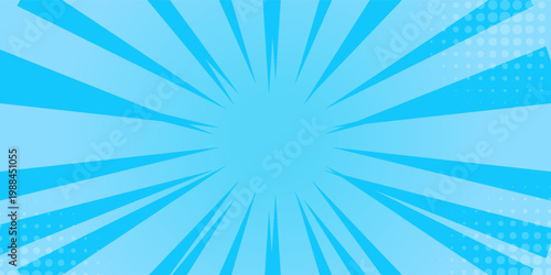 Comic background. Pop art texture. Starburst cartoon style. Anime design with explosion effect for print. Fun dot pattern. Blue backdrop with halftone gradient. Funny line frame. Vector illustration