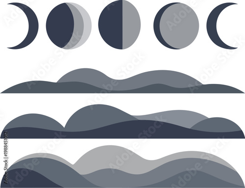 Minimalist vector graphic of moon phases and layered hills