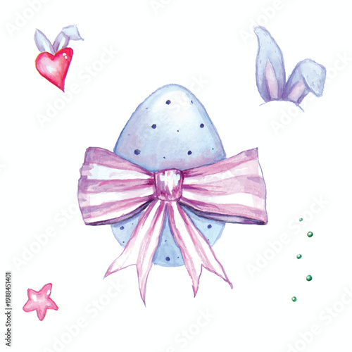 Watercolor Easter egg with bunny ears and other Easter elements