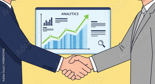 Two businessmen shaking hands in front of a financial analytics chart showing growth.