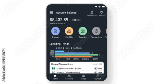 Mobile app interface displaying personal finance management with account balance and spending trends.