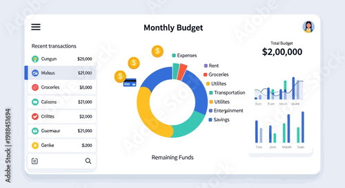 Comprehensive monthly budget dashboard with expense categories and financial summary.
