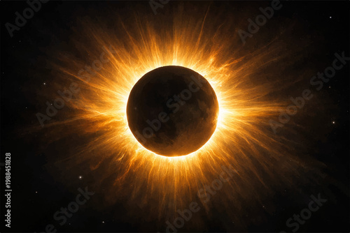 Dramatic Total Solar Eclipse with Golden Corona Glowing in Dark Space — Astronomy Celestial Event Digital Art Background