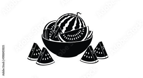 A black and white illustration depicts a bowl filled with sliced watermelon pieces and wedges