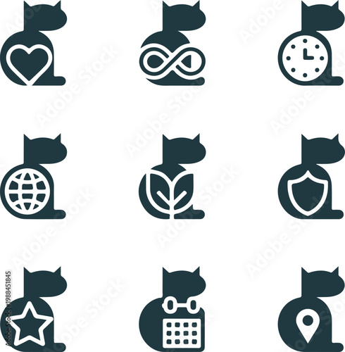 Nine minimalist cat icons with symbols inside heart
