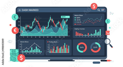Dashboard interface displaying cryptocurrency market analysis with charts and statistics.
