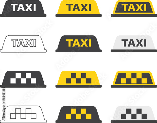 Vector set of taxi car roof sign icons in yellow and black for transportation service design