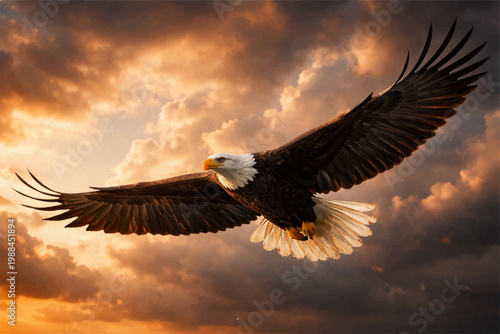 Majestic Bald Eagle Flying Against Dramatic Sunset Sky with Clouds — Wildlife Photography Style Digital Art
