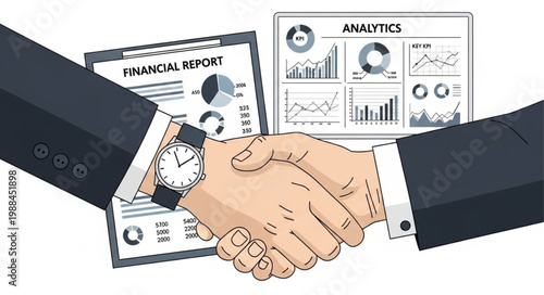 Business partners shaking hands over financial reports and analytics charts.