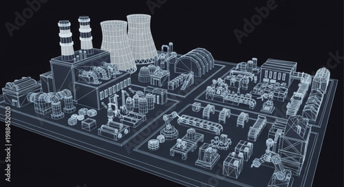 Digital blueprint of a large industrial power plant complex.