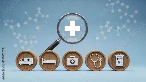 Medical healthcare icons on wooden blocks with magnifying glass, hospital research and clinical diagnostic concept, blue laboratory background