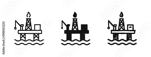 Offshore Oil Rig Platform Icon Set in Line, Solid, and Hand-Drawn Styles for Marine Drilling and Energy Industry