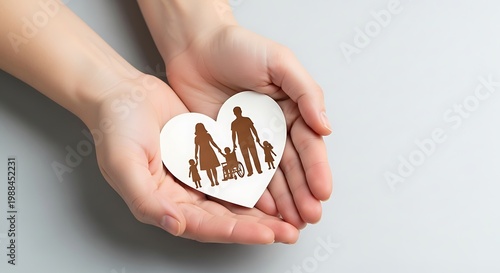 Family health insurance concept with hands holding heart, paper cutout of family with disabled child in wheelchair, life insurance and social support