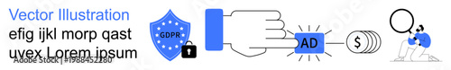 Privacy protection, data security, online advertising, financial transactions, data analysis, compliance. GDPR shield, hand stopping ads magnifying glass analyzing data. Privacy protection and data