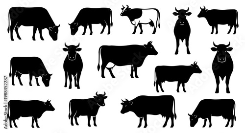 Cow Silhouette Icons Collection Cattle Livestock Beef Vector Illustration Set