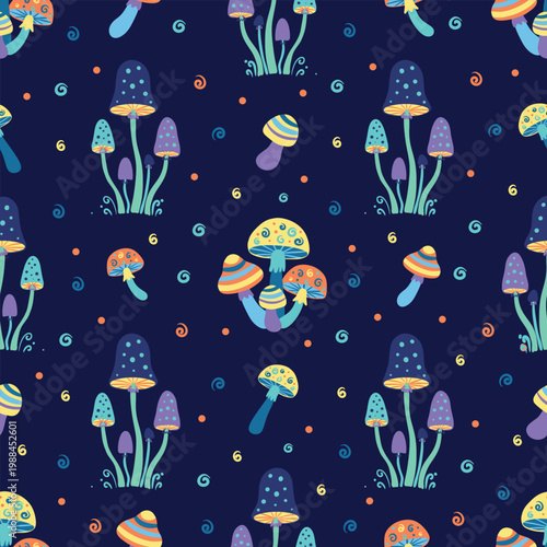 Magic Mushrooms Seamless Pattern on Dark Blue Background