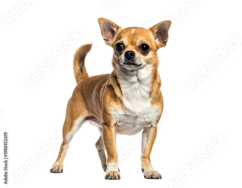 Chihuahua on alert with short tan coat and white chest standing on floor