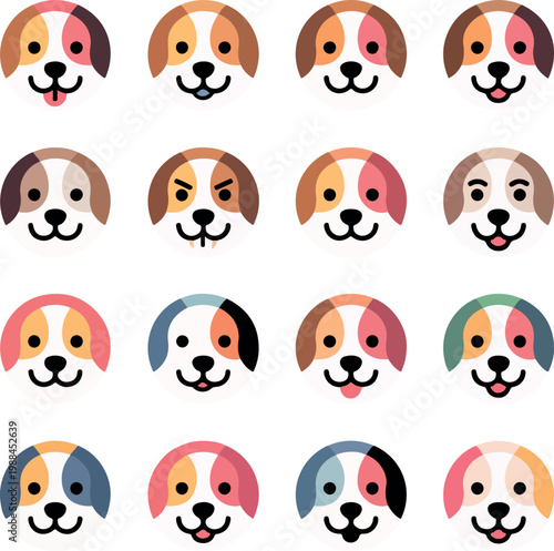 Sixteen dog face icons with varied colors and expressions