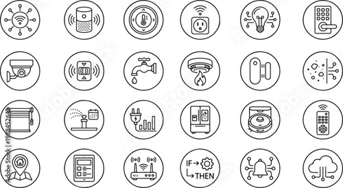 A collection of twenty four minimalist line art icons representing various smart home devices and automation