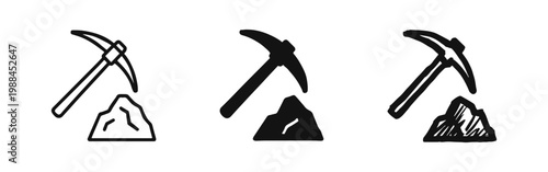Pickaxe Hitting Rock Icon Set in Outline, Silhouette, and Hand-Drawn Styles for Mining and Extraction Industry