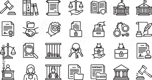 A collection of black and white line icons representing various law, justice, and legal concepts