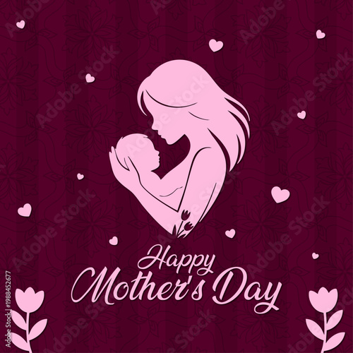 Happy Mothers Day Elegant Mother And Baby Silhouette Design, Beautiful Mothers Day Greeting Card With Loving Mom And Child, Minimal Pink Mothers Day Illustration With Floral Pattern Background, Mother