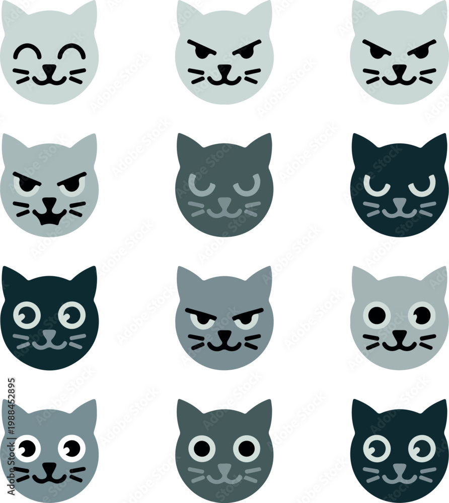 Fototapeta premium Twelve flat minimal cat face icons with varied expressions