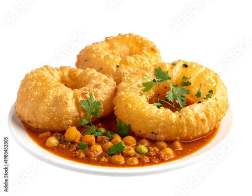 Chole bhature plate with onion-tomato sauce and fresh cilantro garnish