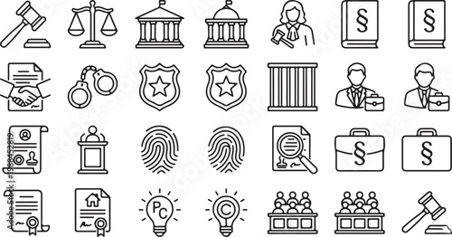 A collection of black and white line icons representing various legal, justice, and law enforcement concepts