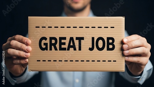 Great Job message on cardboard sign, businessman holding positive feedback banner, employee recognition and career achievement concept