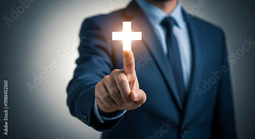 Businessman touching glowing plus sign icon, corporate growth and medical health concept, professional man in blue suit pointing at virtual addition symbol