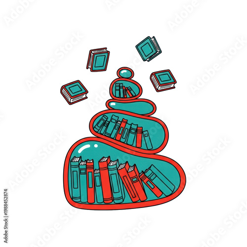 Stylized Bookshelf and Floating Books Illustration