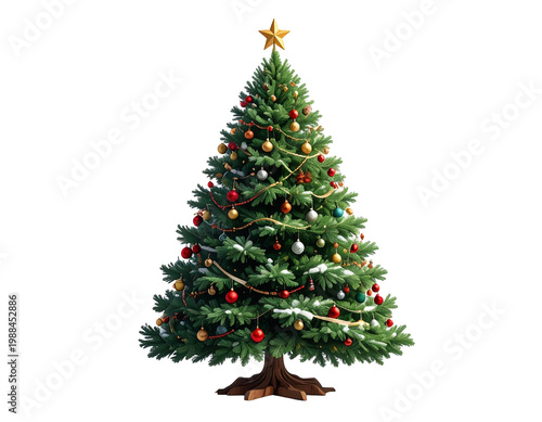 Decorated christmas tree with star topper and ornaments in traditional style
