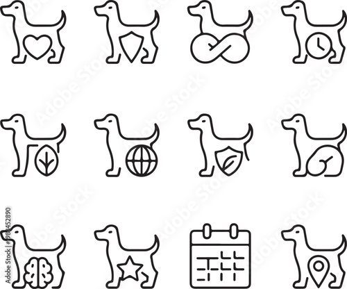 Twelve minimalist vector icons of dogs with symbols