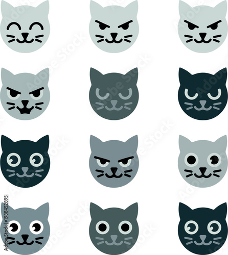 Twelve flat minimal cat face icons with varied expressions