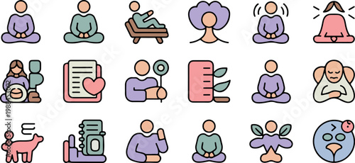Twenty four flat vector icons representing mental health and well being