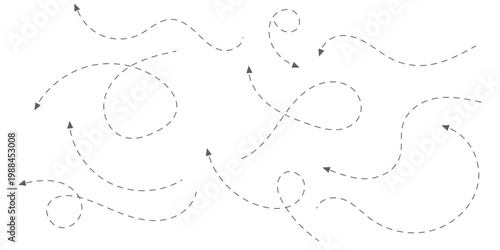 Dotted arrows and dashed line paths set isolated on transparent background. Black vector curved pointers and swirl lines for navigation, infographics and map routes. Minimalist design elements