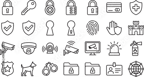 A collection of black and white line icons representing various security, protection, surveillance, and safety concepts.