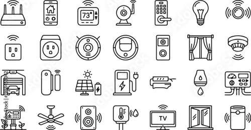 A collection of black and white line icons representing various smart home devices and automation technologies.