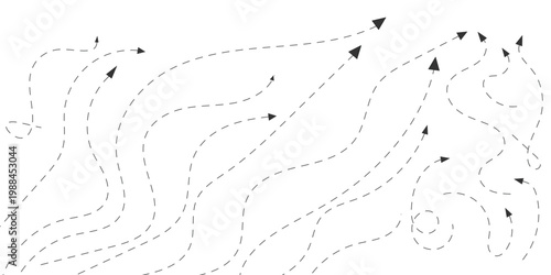 Dotted arrows and dashed line paths set isolated on transparent background. Black vector curved pointers and swirl lines for navigation, infographics and map routes. Minimalist design elements