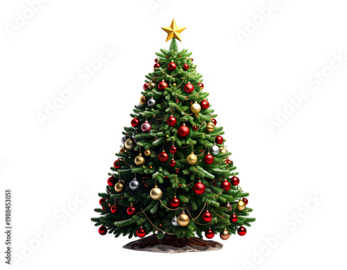 Vibrant christmas tree decorated with red and gold ornaments, star-topped foliage