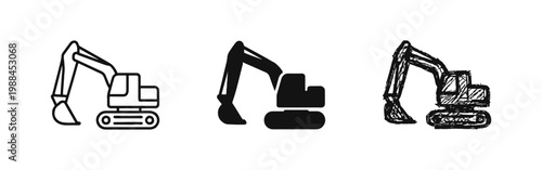 Excavator Icon Set in Three Different Styles: Line Art, Solid Silhouette, and Hand-Drawn Sketch
