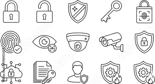 A collection of fifteen black and white line icons representing various security, protection, and surveillance concepts