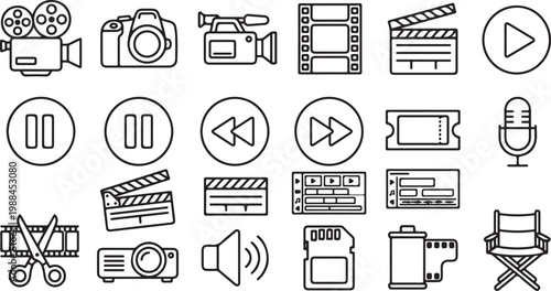 A collection of black and white line icons representing various elements of filmmaking and video production.