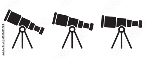Astronomical Telescope on Tripod Icon Set Vector, Space Observation and Stargazing Symbols in Outline, 
Silhouette and Minimal Line Styles