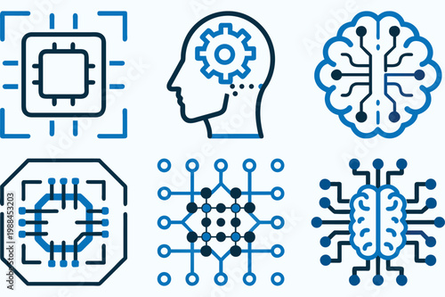 Abstract digital intelligence icons set representing AI concepts like brain, chip, network, and futuristic technology.