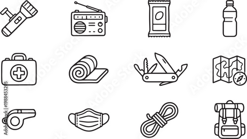 A grid of twelve minimalist line icons depicting essential emergency survival gear and outdoor camping equipment.