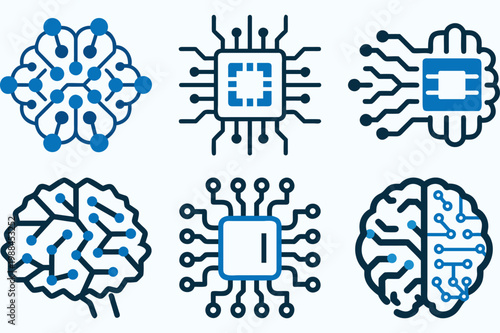 Stylized brain icons with circuitry and nodes representing artificial intelligence and neural networks.