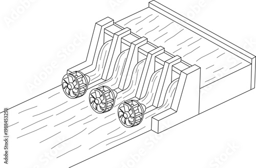 Technology dam line drawing of a hydroelectric dam with turbines for modern energy solutions, suitable for renewable energy concepts.