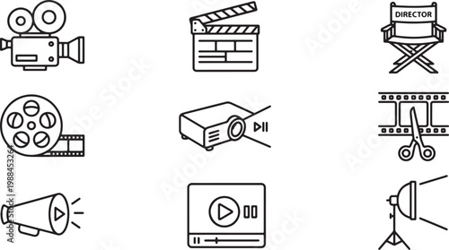 A collection of nine black and white line icons representing various elements of professional film production